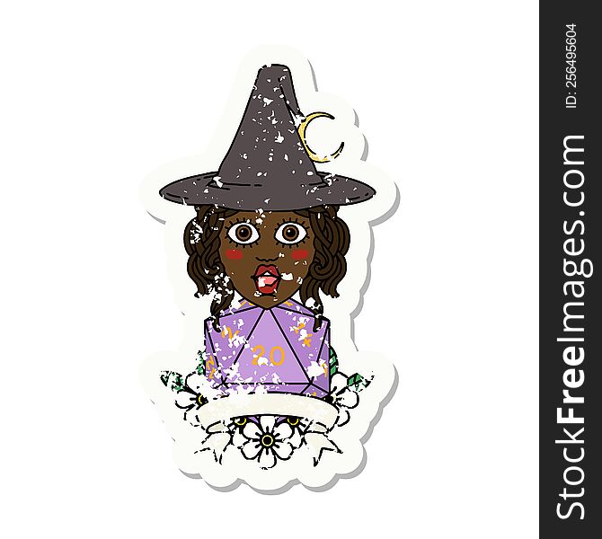 Retro Tattoo Style human witch with natural twenty dice roll. Retro Tattoo Style human witch with natural twenty dice roll