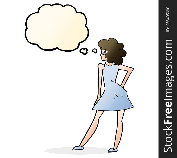 Cartoon Woman Posing In Dress With Thought Bubble