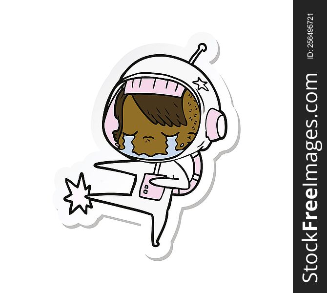 sticker of a cartoon crying astronaut girl kicking