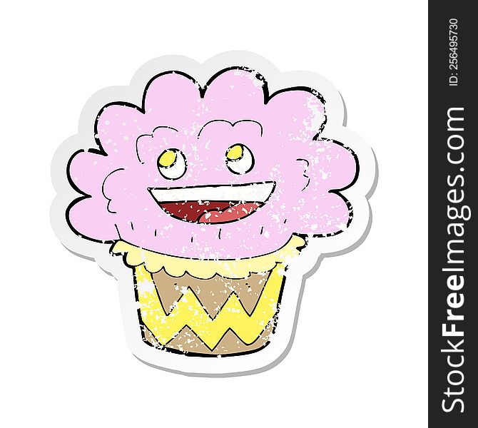 Retro Distressed Sticker Of A Cartoon Happy Cupcake
