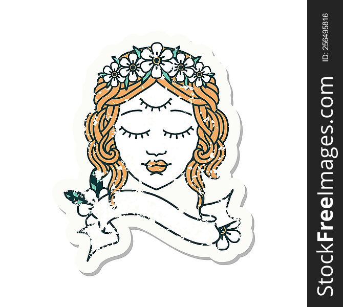 Grunge Sticker With Banner Of Female Face With Third Eye