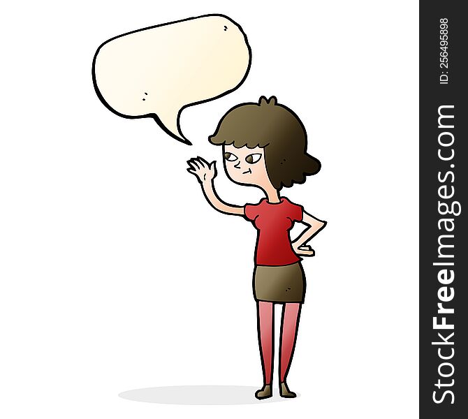 Cartoon Friendly Girl Waving With Speech Bubble