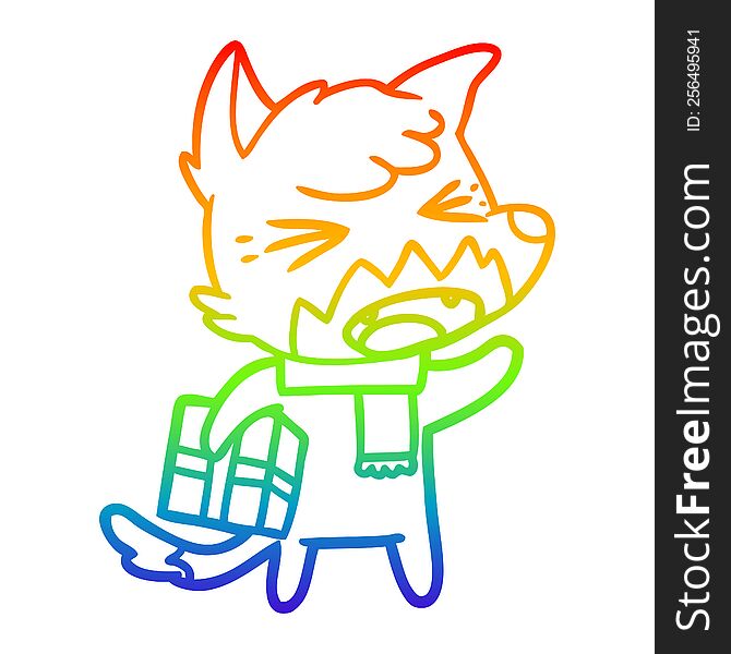 rainbow gradient line drawing of a angry cartoon fox with gift