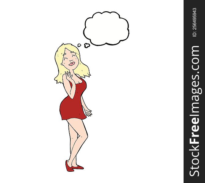 Cartoon Pretty Woman In Cocktail Dress With Thought Bubble