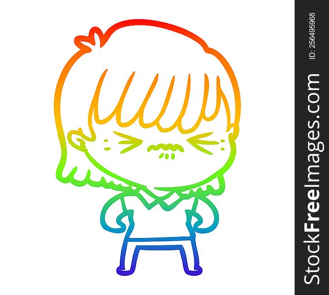 Rainbow Gradient Line Drawing Annoyed Cartoon Girl