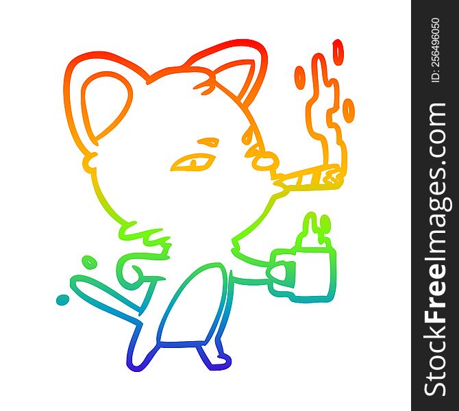 rainbow gradient line drawing of a serious business cat with coffee and cigar