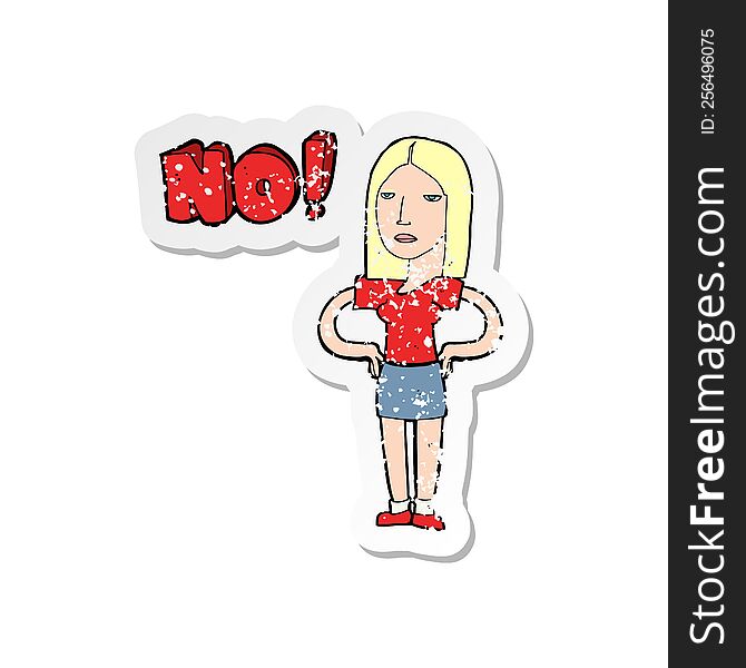retro distressed sticker of a cartoon woman saying no