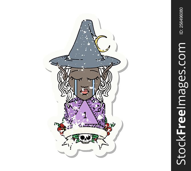 Crying Elf Mage Character With Natural One Dice Roll Illustration