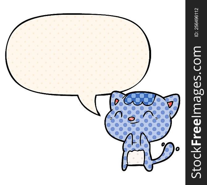 Cute Cartoon Happy Little Cat And Speech Bubble In Comic Book Style