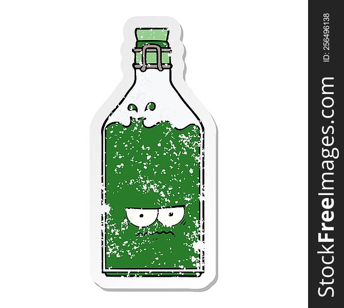 distressed sticker of a cartoon old bottle