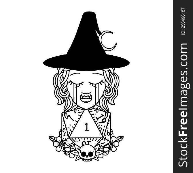 Black and White Tattoo linework Style sad half orc witch character with natural one D20 roll. Black and White Tattoo linework Style sad half orc witch character with natural one D20 roll