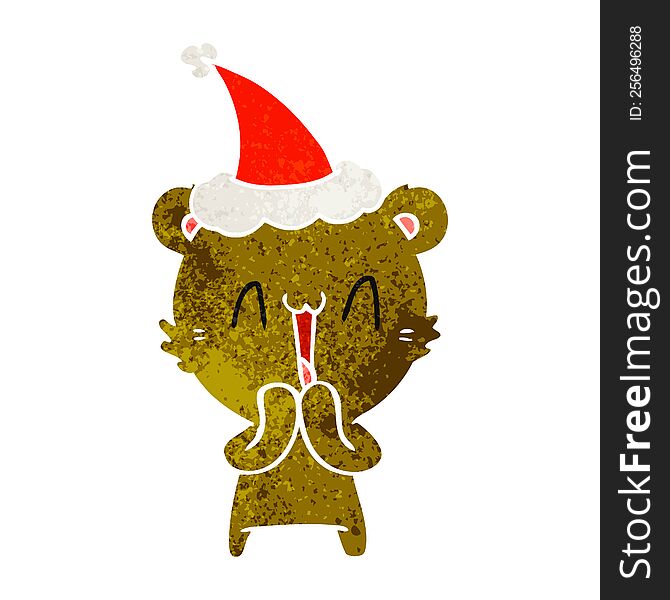 happy bear hand drawn retro cartoon of a wearing santa hat. happy bear hand drawn retro cartoon of a wearing santa hat