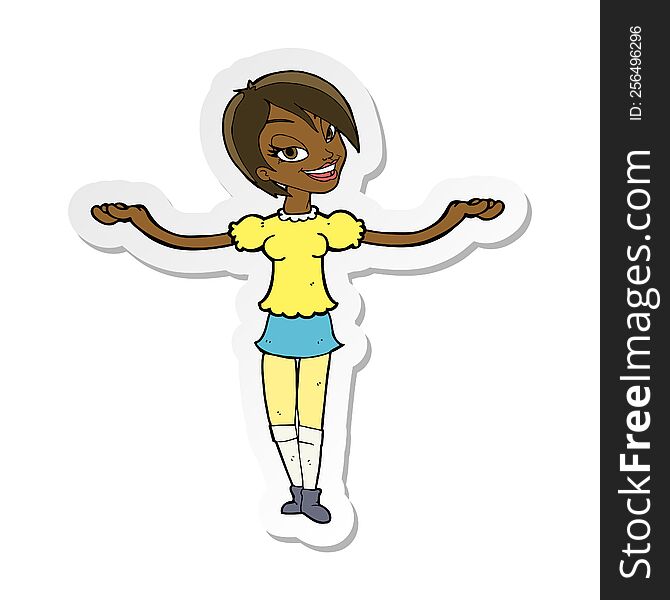 Sticker Of A Cartoon Woman Making Open Arm Gesture