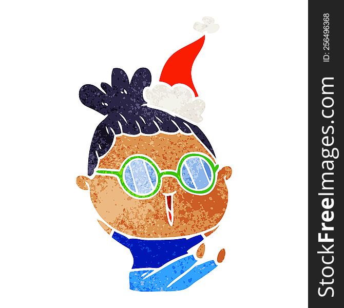 Retro Cartoon Of A Woman Wearing Spectacles Wearing Santa Hat
