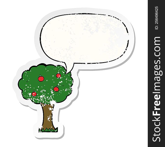 cartoon apple tree with speech bubble distressed distressed old sticker. cartoon apple tree with speech bubble distressed distressed old sticker