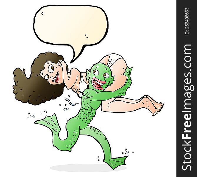 Cartoon Swamp Monster Carrying Girl In Bikini With Speech Bubble