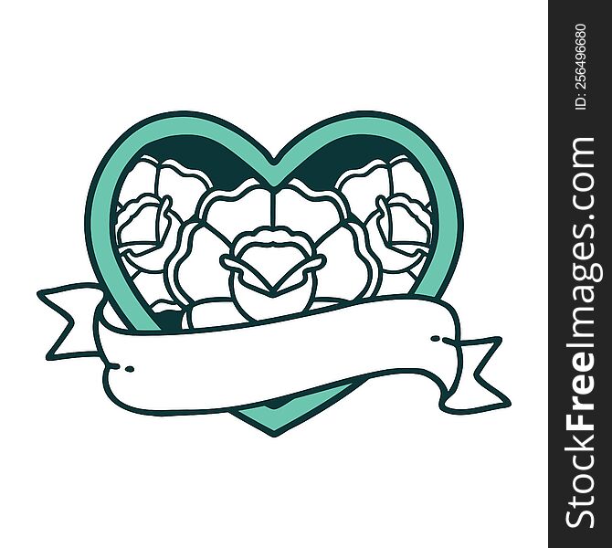 Tattoo Style Icon Of A Heart And Banner With Flowers