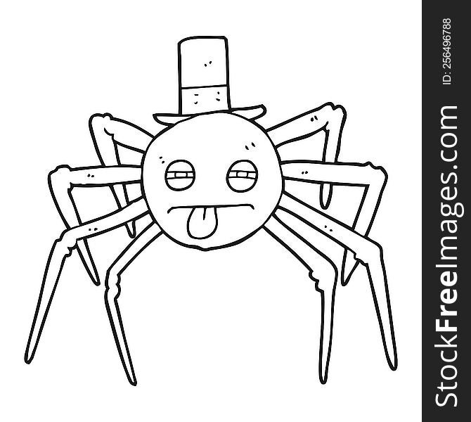freehand drawn black and white cartoon halloween spider in top hat