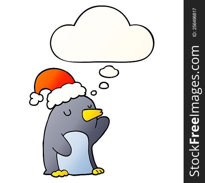 Cute Cartoon Christmas Penguin And Thought Bubble In Smooth Gradient Style