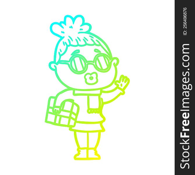 Cold Gradient Line Drawing Cartoon Woman Wearing Sunglasses
