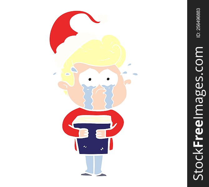 Flat Color Illustration Of A Crying Man Holding Book Wearing Santa Hat