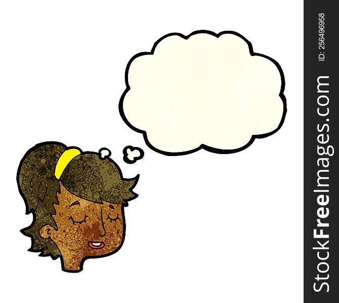 cartoon pretty female face with thought bubble