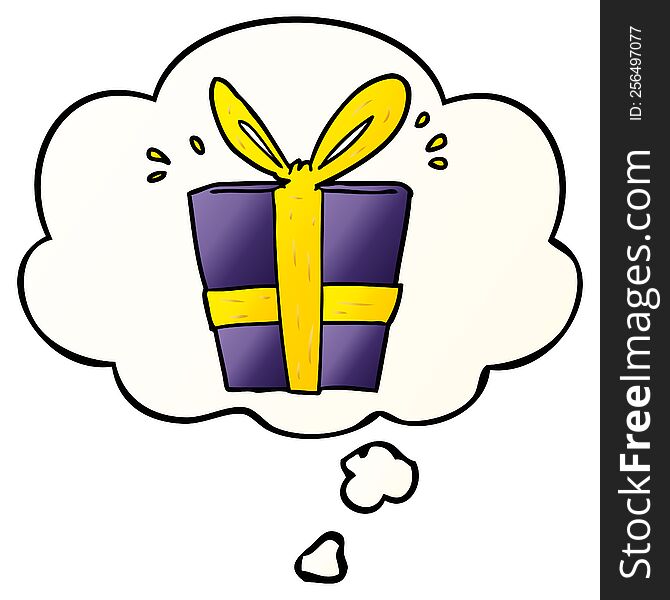 cartoon wrapped gift with thought bubble in smooth gradient style