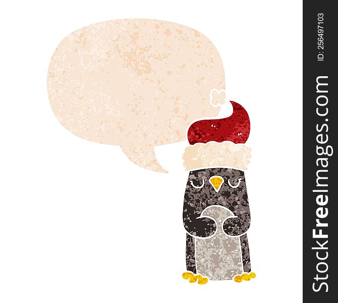 Cartoon Christmas Penguin And Speech Bubble In Retro Textured Style