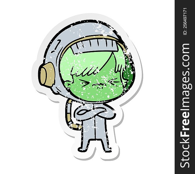 distressed sticker of a angry cartoon space girl