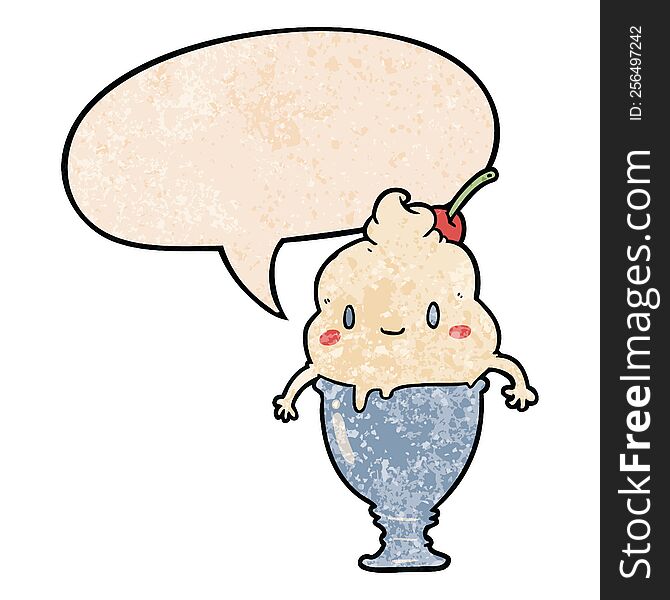 Cute Cartoon Ice Cream And Speech Bubble In Retro Texture Style