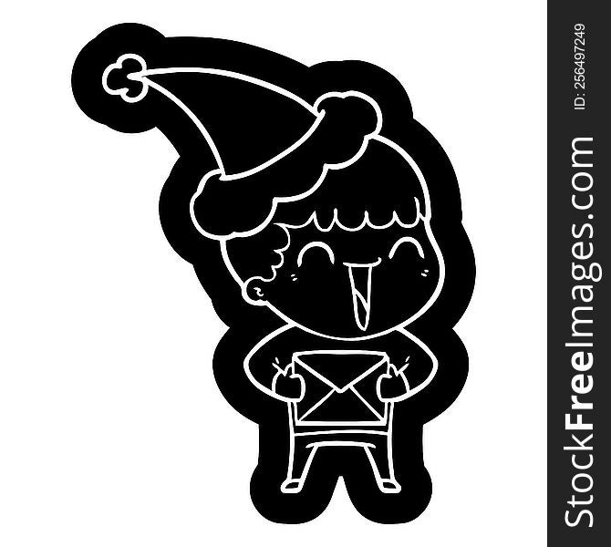 quirky cartoon icon of a happy man wearing santa hat