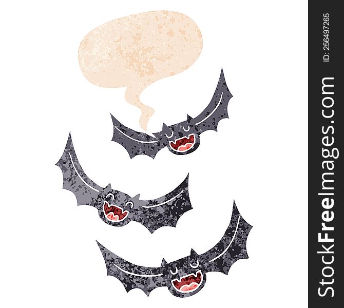 cartoon vampire bats with speech bubble in grunge distressed retro textured style. cartoon vampire bats with speech bubble in grunge distressed retro textured style