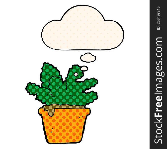 cartoon house plant with thought bubble in comic book style