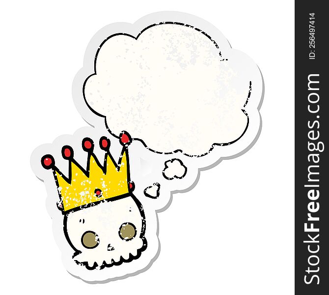 Cartoon Skull With Crown And Thought Bubble As A Distressed Worn Sticker