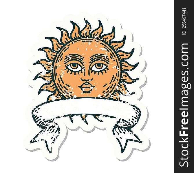 worn old sticker with banner of a sun with face. worn old sticker with banner of a sun with face