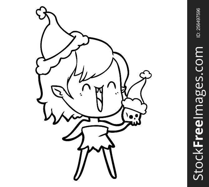 Cute Line Drawing Of A Happy Vampire Girl Wearing Santa Hat