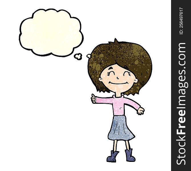 cartoon happy girl giving thumbs up symbol with thought bubble