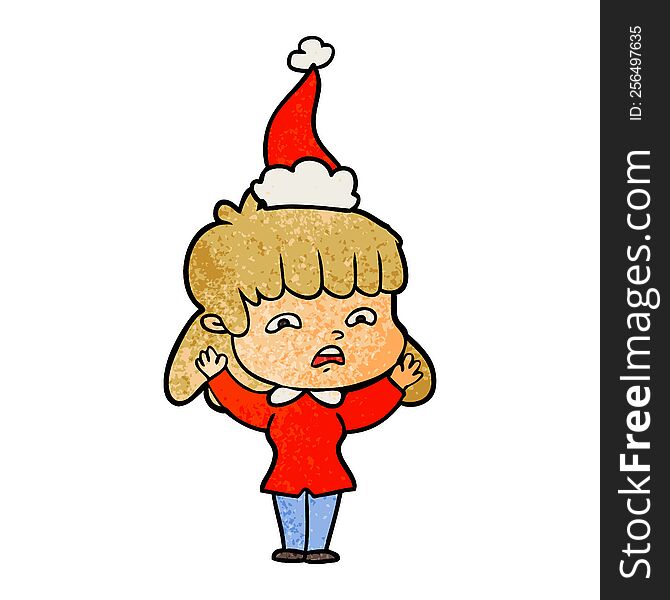 Textured Cartoon Of A Worried Woman Wearing Santa Hat