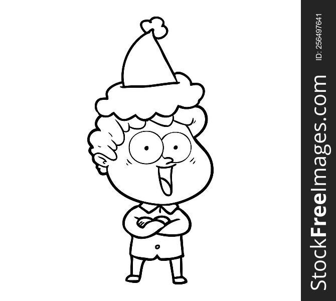 hand drawn line drawing of a happy man wearing santa hat