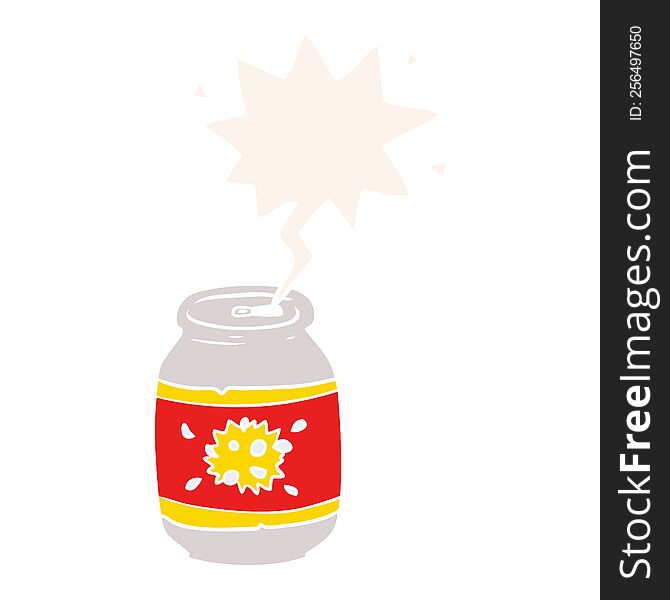 cartoon can of soda with speech bubble in retro style