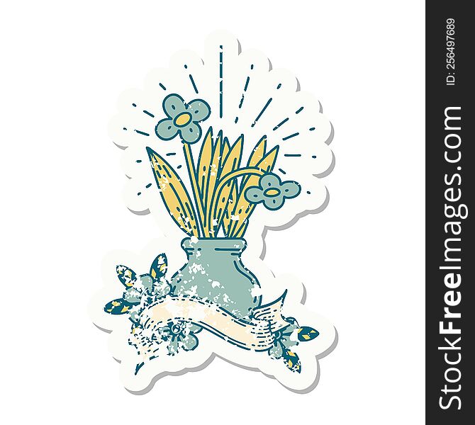 worn old sticker of a tattoo style flowers in vase. worn old sticker of a tattoo style flowers in vase