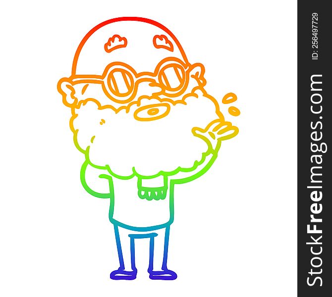 rainbow gradient line drawing of a cartoon curious man with beard and sunglasses