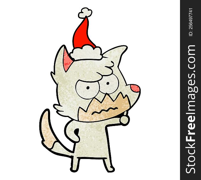 hand drawn textured cartoon of a annoyed fox wearing santa hat