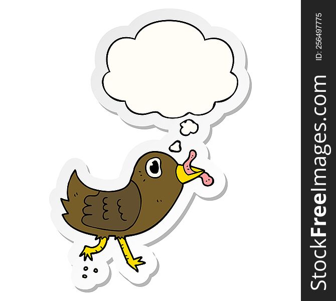 cartoon bird with worm with thought bubble as a printed sticker