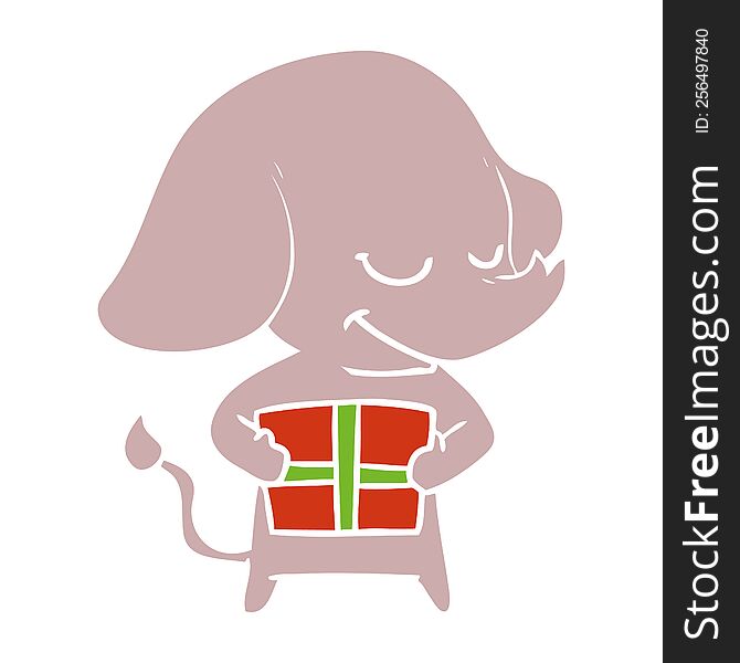 flat color style cartoon smiling elephant with present