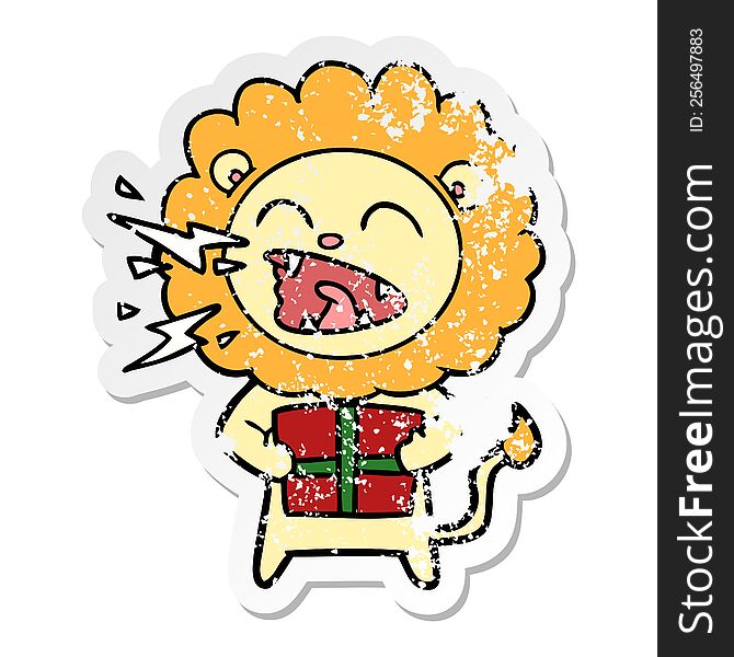 Distressed Sticker Of A Cartoon Roaring Lion With Gift