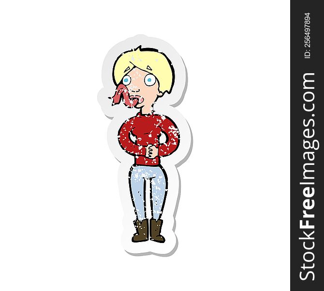 retro distressed sticker of a cartoon woman with snake tongue