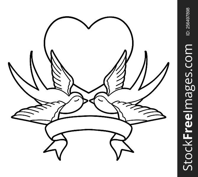 Black Linework Tattoo With Banner Of A Swallows And A Heart