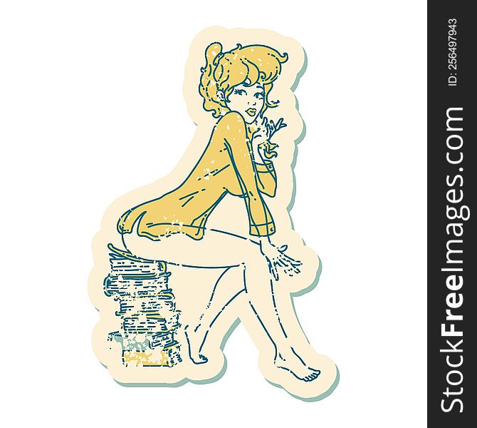 iconic distressed sticker tattoo style image of a pinup girl sitting on books. iconic distressed sticker tattoo style image of a pinup girl sitting on books