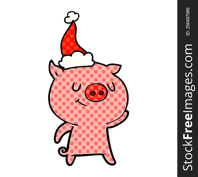 happy hand drawn comic book style illustration of a pig wearing santa hat. happy hand drawn comic book style illustration of a pig wearing santa hat